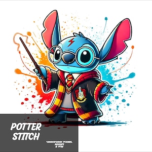 May include: A blue Stitch character wearing a black and red Hogwarts robe with a yellow scarf and a lightning bolt on his forehead. He is holding a magic wand and has a blue and white splatter background.