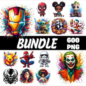 Lot de 600 héros héros et personnages de films Png Splash et aquarelle Png fichier PNG transparent pour sublimation