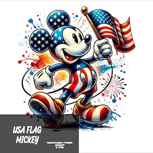 May include: Mickey Mouse wearing red, white, and blue clothing and holding an American flag. The background is a watercolor-style design with red, white, and blue splatters and fireworks.