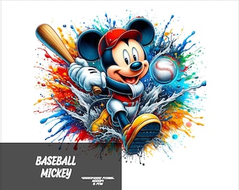 May include: A vibrant illustration of Mickey Mouse playing baseball. Mickey is wearing a red cap, white gloves, and yellow shoes, swinging a wooden bat. The background features colorful paint splatters and the text "BASEBALL MICKEY".