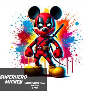 May include: A digital illustration of Mickey Mouse dressed as Deadpool. Mickey is wearing a red and black suit with a red mask and a black belt. He is standing in front of a colorful background with splatters of paint.