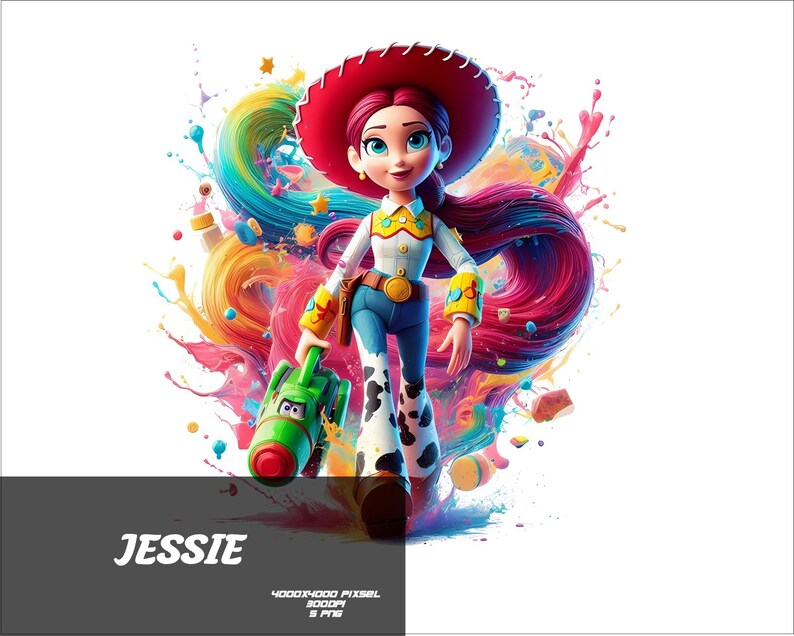 May include: A digital illustration of Jessie from Toy Story. She wears a red cowboy hat, white shirt, blue jeans, and cow-print chaps. She holds a green toy gun. The background features colorful paint splashes and the name "JESSIE".