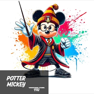 May include: Mickey Mouse dressed as a wizard with a red and black robe, a pointed hat, and glasses. He is holding a wand and has a colorful splatter background.