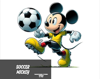 May include: Mickey Mouse, wearing a yellow jersey and black shorts, kicks a black and white soccer ball. He is wearing black and yellow soccer cleats. The background is white.