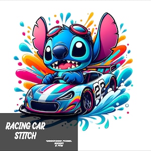 Puede incluir: Un personaje de dibujos animados azul con orejas grandes y gafas conduciendo un coche de carreras azul y blanco con el número 22 en el lateral. El coche está rodeado de salpicaduras de agua de colores.