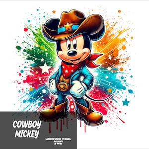 5 PNG Cowboy Mickey Png Mouse Splash and Watercolor Png Mickey Transparent PNG file for Sublimation Cowboy Mouse PNG