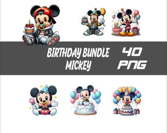 Paquete de 40 PNG de Mickey Mouse de cumpleaños, salpicaduras de ratón y acuarelas, archivo PNG transparente para sublimación. Paquete de ratón PNG.