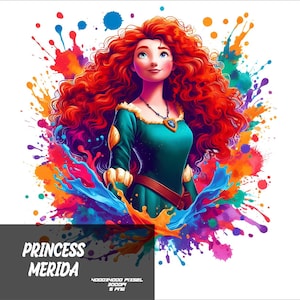 Puede incluir: La princesa Mérida de la película de Disney Brave, con el pelo largo y rojo, lleva un vestido verde con un cinturón marrón, de pie frente a un fondo de acuarela colorido.