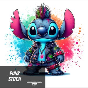 May include: A blue and pink cartoon character with a mohawk hairstyle wearing a black leather jacket with studs and a red and white bandana. The character is standing on a colorful watercolor background.