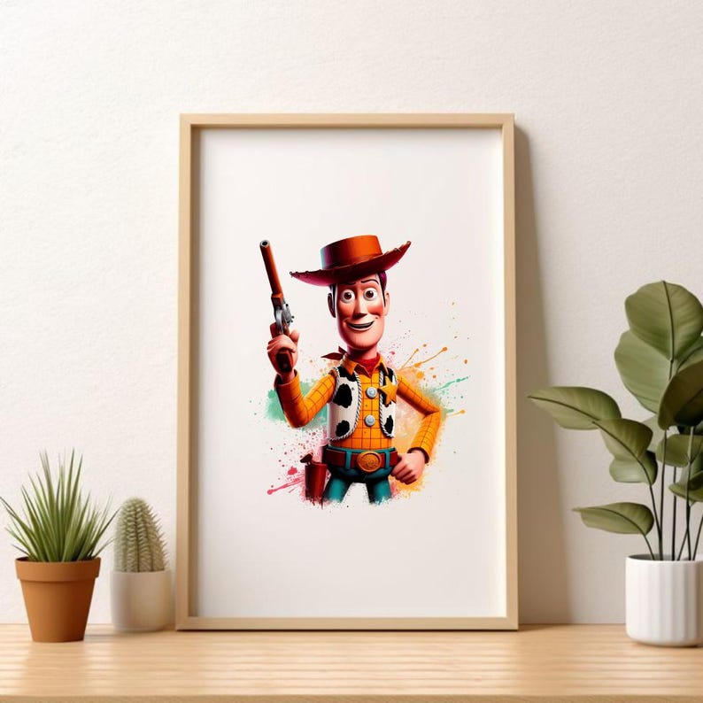May include: A colorful watercolor illustration of Woody from Toy Story. He is wearing his signature cowboy hat and vest, and holding a toy gun. The background is a splash of colorful paint.