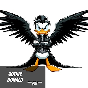 Op de afbeelding: Gothic Donald is een cartoonillustratie van een eend die een zwarte cape en een zwarte hoed met vleugels draagt. De eend heeft een serieuze uitdrukking en staat met gekruiste armen.
