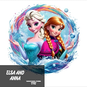 May include: Elsa and Anna, the sisters from the movie Frozen, are depicted in a colorful illustration. Elsa is on the left, wearing a blue and white dress with a snowflake in her hand. Anna is on the right, wearing a pink and black dress with a blue swirl in her hand. The background is a swirling blue and white pattern.