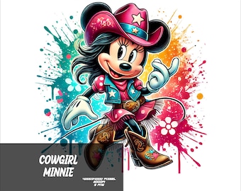 5 PNG Cowgirl Minnie Png Mouse Splash and Watercolor Png  Minnie Transparent PNG file for Sublimation Cowgirl Mouse PNG