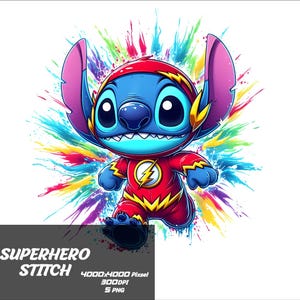May include: A blue cartoon character with large eyes and a red and yellow superhero costume, standing in front of a colorful splatter background. The character is known as Stitch.