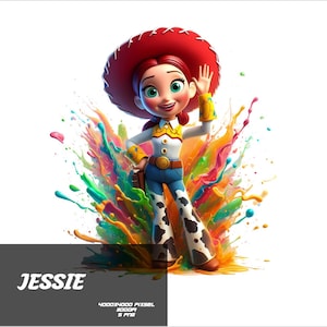 May include: A digital illustration of Jessie from Toy Story, wearing a red hat, white shirt with yellow accents, blue jeans, and cow-print chaps. The character is set against a colorful splash of paint, with the name "JESSIE" displayed below.