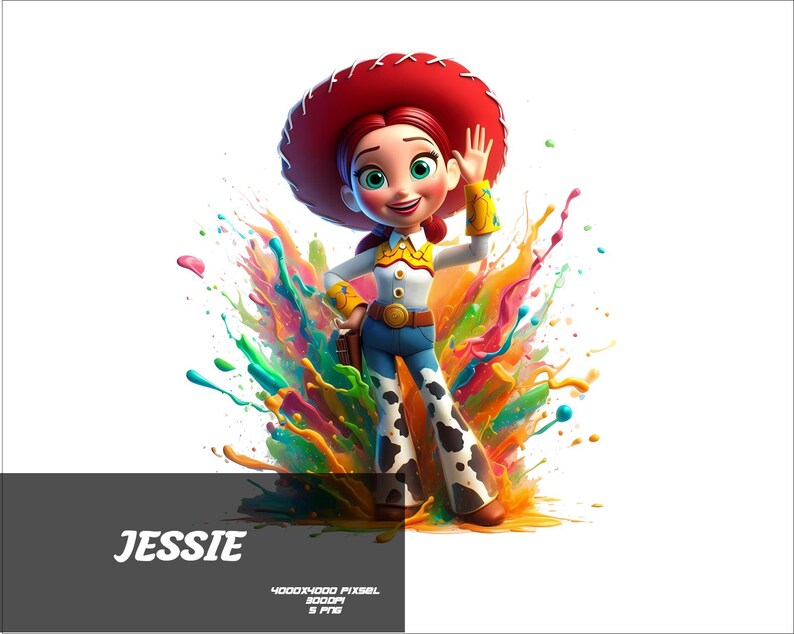 May include: A digital illustration of Jessie from Toy Story, wearing a red hat, white shirt with yellow accents, blue jeans, and cow-print chaps. The character is set against a colorful splash of paint, with the name "JESSIE" displayed below.