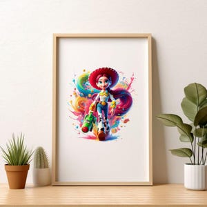 May include: A framed print featuring a vibrant illustration of a cowgirl character with a red hat, white shirt, blue jeans, and cow-print boots. She holds a green toy gun, set against a colorful, abstract background. The artwork is displayed on a wooden surface.