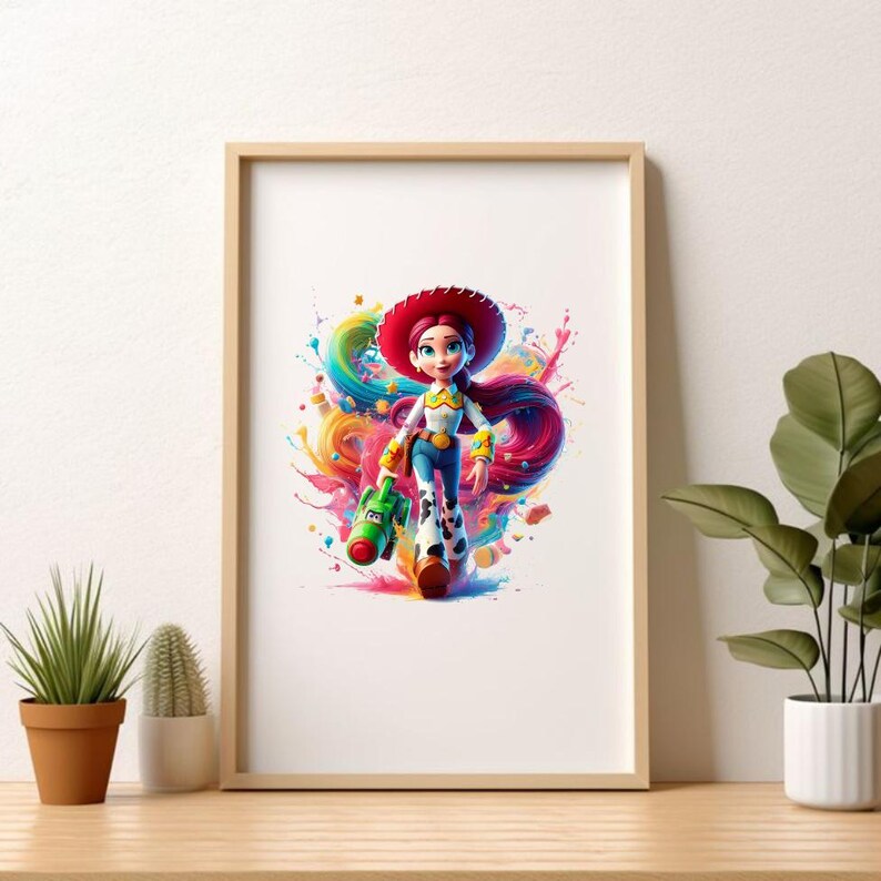 May include: A framed print featuring a vibrant illustration of a cowgirl character with a red hat, white shirt, blue jeans, and cow-print boots. She holds a green toy gun, set against a colorful, abstract background. The artwork is displayed on a wooden surface.