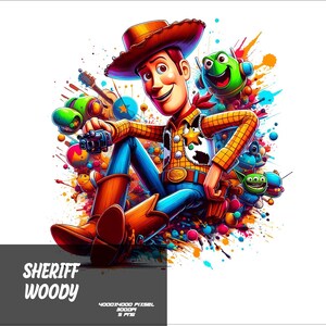 May include: A colorful illustration of Woody, the Sheriff from Toy Story, with a green alien and a green dinosaur toy. The background is a colorful splatter of paint.