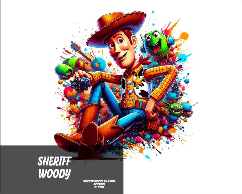 May include: A colorful illustration of Woody, the Sheriff from Toy Story, with a green alien and a green dinosaur toy. The background is a colorful splatter of paint.