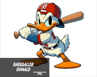 May include: A cartoon duck wearing a red and white baseball cap with an 'A' logo, a white and red striped jersey, and white pants, holding a wooden baseball bat. The duck has an angry expression on its face.