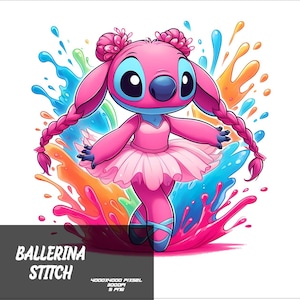 Könnte beinhalten: Ein rosa Stitch-Charakter, der als Ballerina mit blauen Augen und einem rosa Tutu verkleidet ist. Der Charakter steht auf einem bunten Farbklecks.