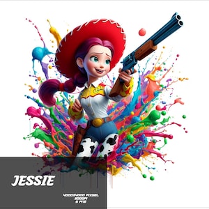 May include: A digital illustration of a cartoon cowgirl, wearing a red hat, white shirt, blue pants with a cow pattern, and a brown holster. She is holding a blue double-barreled shotgun. The background features colorful paint splashes. The word "JESSIE" is displayed.