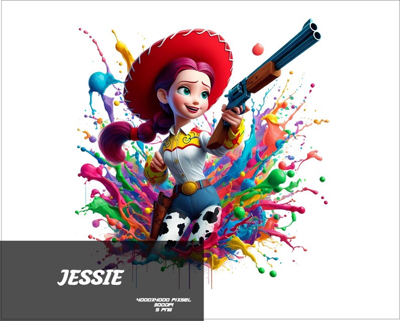 May include: A digital illustration of a cartoon cowgirl, wearing a red hat, white shirt, blue pants with a cow pattern, and a brown holster. She is holding a blue double-barreled shotgun. The background features colorful paint splashes. The word "JESSIE" is displayed.