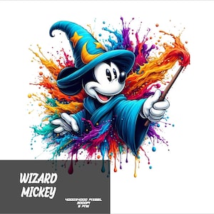 Könnte beinhalten: Mickey Mouse als Zauberer verkleidet, mit einem blauen Hut und einem blauen Umhang, der einen Zauberstab hält. Er ist umgeben von bunten Farbspritzern.
