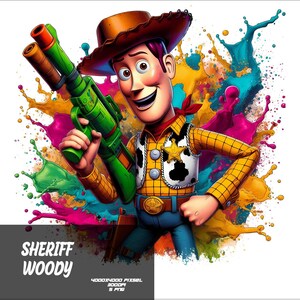 May include: Sheriff Woody from Toy Story, a cartoon character, is holding a green water gun. He is wearing his signature cowboy hat, vest, and shirt. The background is a colorful splatter of paint.