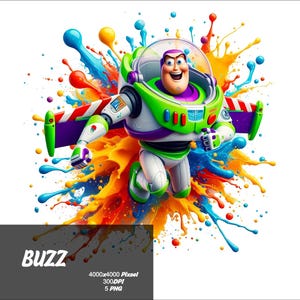 Peut inclure: Buzz l'Éclair, un jouet de ranger spatial vert et violet, vole à travers une explosion de peinture colorée. L'image est intitulée "BUZZ" en bas.