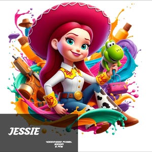 May include: A digital illustration of Jessie from Toy Story. She wears a red hat, white shirt, blue jeans, and brown boots. A green dinosaur toy is in her hand. The background features colorful paint splashes and the word "JESSIE".