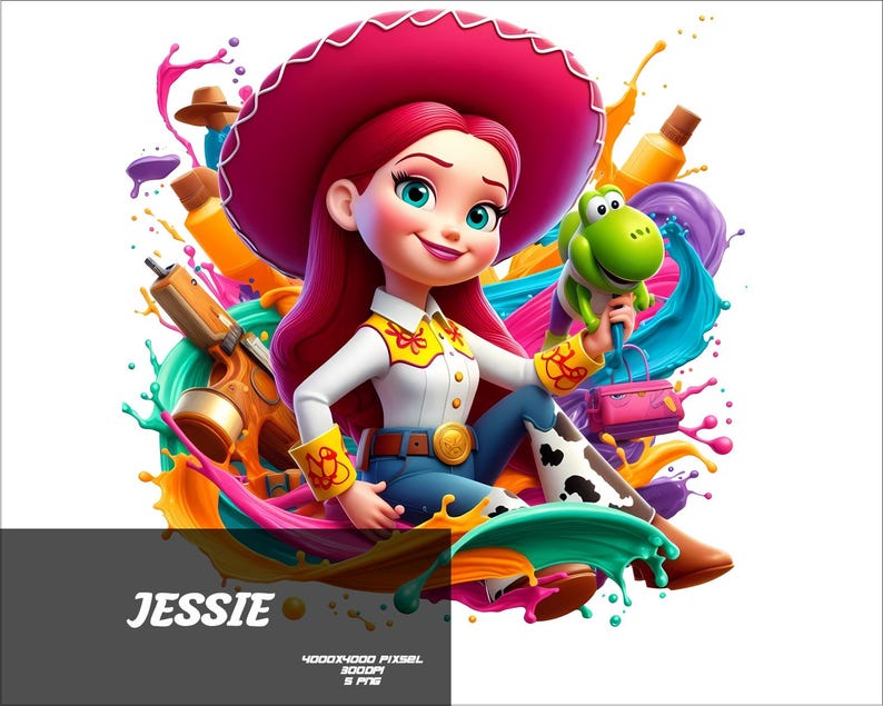 May include: A digital illustration of Jessie from Toy Story. She wears a red hat, white shirt, blue jeans, and brown boots. A green dinosaur toy is in her hand. The background features colorful paint splashes and the word "JESSIE".
