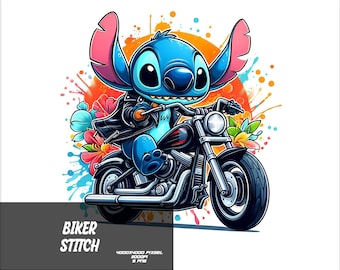 5 PNG Motobiker  Stitch Png  Stitch Splash and Watercolor Png Stitch Transparent PNG file for Sublimation Biker Stitch PNG