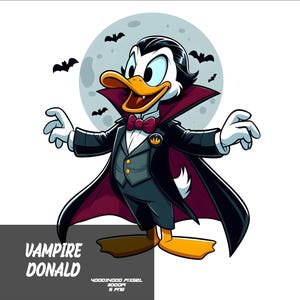 Op de afbeelding: Cartoonafbeelding van Donald Duck verkleed als vampier, met een zwarte cape en een rode vlinderdas. De achtergrond toont een volle maan en vleermuizen. De tekst "Vampire Donald" staat onderaan de afbeelding.