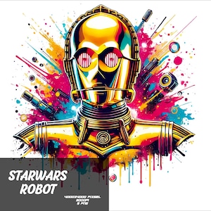 以下が含まれることがあります： スター・ウォーズ・フランチャイズの金色のロボット、C-3POのカラフルで抽象的なイラスト。ロボットは、赤、青、黄、緑など、さまざまな色のペイントの飛沫に囲まれています。