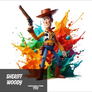 May include: Sheriff Woody, a popular cartoon character, stands in front of a colorful paint splatter background. He is wearing his signature cowboy hat, vest, and jeans. He is holding a toy gun in his right hand.