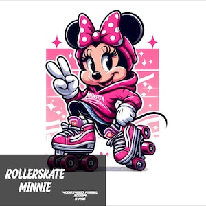 May include: Minnie Mouse wearing a pink hoodie with the word "MINSTER" on it, roller skating on pink and black roller skates with white wheels.