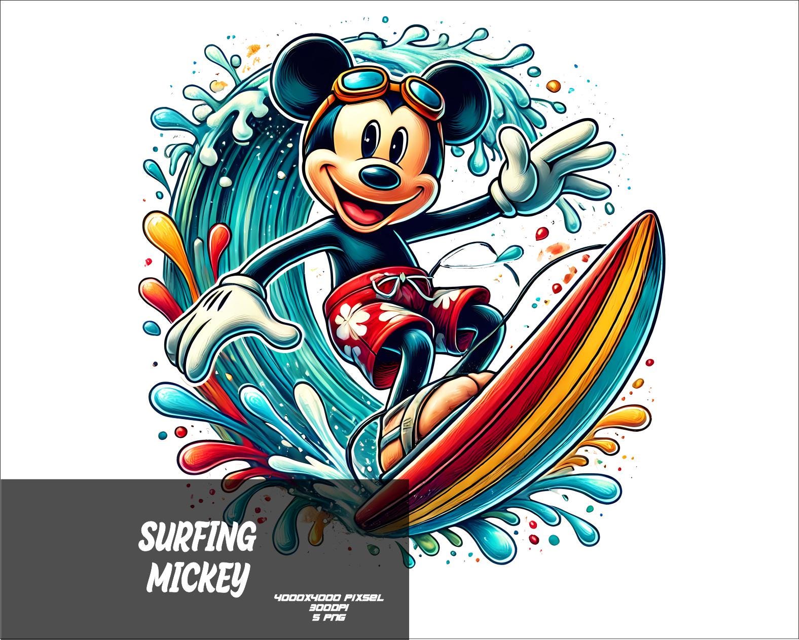 5 PNG Surfing Mickey Png Mouse Splash and Watercolor Png Mickey