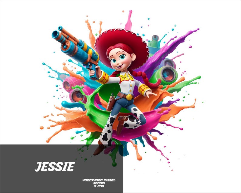 May include: A digital illustration of Jessie from Toy Story, holding a blue and orange toy gun, surrounded by colorful paint splashes. She wears a red hat, white shirt, blue jeans, and cow-print chaps. The word "JESSIE" is displayed in white text.