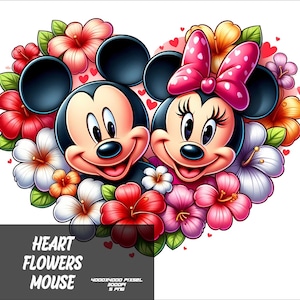 5 PNG Heart Flower Mickey and Minnie Png Lover Mouse Splash and Watercolor Png Minnie and Mickey Transparent PNG file for Sublimation