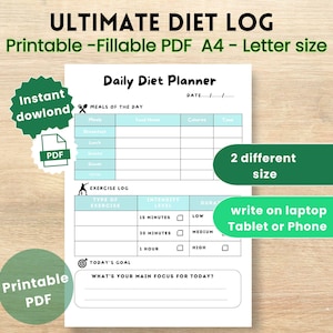 Planificador de dieta diaria imprimible: diario de comidas, registro de comidas y ejercicios, registro de nutrición y pérdida de peso (descarga instantánea, PDF tamaño A4 y carta)