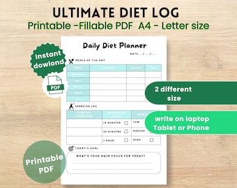 Daily Diet Planner Printable: Food Journal & Exercise Tracker (A4/Letter PDF)
