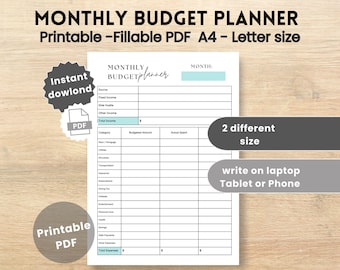 Puede incluir: Un planificador de presupuesto mensual imprimible en formato PDF. El planificador tiene secciones para ingresos, gastos y un presupuesto total. El planificador está disponible en dos tamaños y se puede usar en una computadora portátil, tableta o teléfono.
