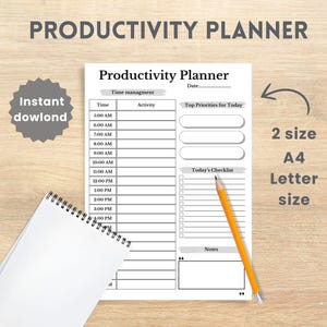 Planificador de productividad 2025: organizador diario, semanal y mensual, registro de objetivos y hábitos, bloqueo de tiempo en formato PDF (imprimible en tamaño A4 y carta de EE. UU.)