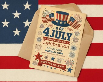 May include: A beige invitation card for a 4th of July celebration, featuring patriotic imagery. The card includes the text "4 OF JULY INDEPENDENCE DAY Celebration" with fireworks, stars, and an American flag design. The card is inside a brown envelope, set against an American flag.