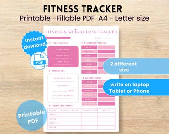 Tracker stampabile per fitness e perdita di peso, pianificatore pasti per allenamento, diario digitale per la perdita di peso, registro fitness, misurazione del corpo e monitoraggio delle calorie