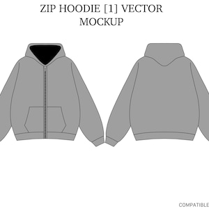 May include: A gray zip-up hoodie mockup with a black hood lining. The hoodie has a kangaroo pocket and a zipper closure.  ZIP HOODIE [1] VECTOR MOCKUP is written at the top of the image.