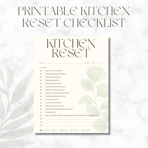 Puede incluir: Lista de verificación imprimible para el reinicio de la cocina con una combinación de colores verde claro y blanco. La lista incluye tareas como despejar encimeras, limpiar electrodomésticos y renovar la decoración. El texto "Kitchen Reset" es prominente.
