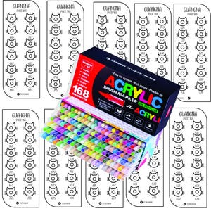 Puede incluir: Un conjunto de 168 marcadores de pincel acrílico en una variedad de colores. Los marcadores están dispuestos en una caja con un diseño colorido y el texto "Marcadores de pincel acrílico" en la parte delantera. La caja está abierta y los marcadores son visibles. Los marcadores están dispuestos en filas y columnas. Los marcadores son todos de diferentes colores y tienen una punta de pincel.